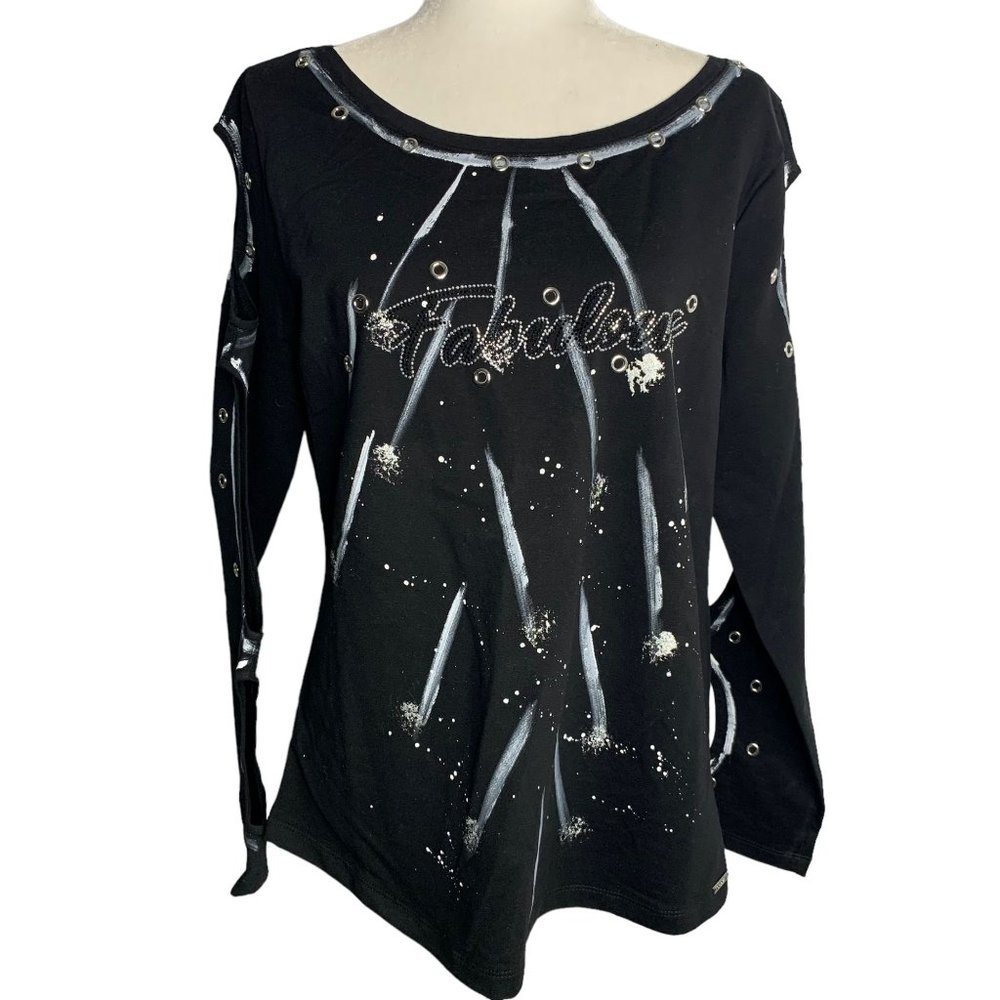Olyss Hand Painted Fabulous Cut Out Top S Black Long Sleeve Rhinestones Rivets